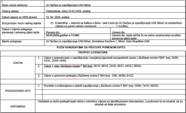 POZIV KANDIDATIMA DA PRISTUPE PISMENOM ISPITU